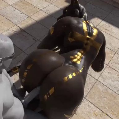 2boys, 3d, anal, anal sex, animated, anubis, ass jiggle, back, big ass, bodypaint, cum, dark skin, doggy style, egyptian mythology, furry