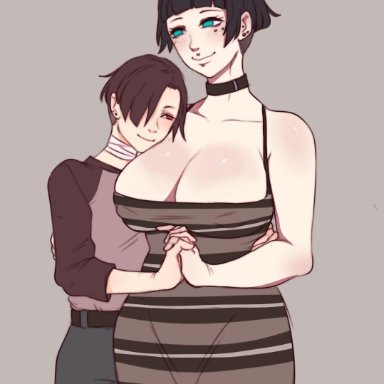 1boy, 1futa, ass, bandage, big ass, big breasts, black hair, breasts, brown hair, clothed, clothing, erika (gyarusatan), fully clothed, futanari, goth