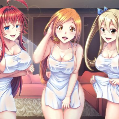 3girls, apron, apron lift, artist request, bleach, blonde hair, blue eyes, breasts, cleavage, couch, crossover, earrings, fairy tail, female, female focus