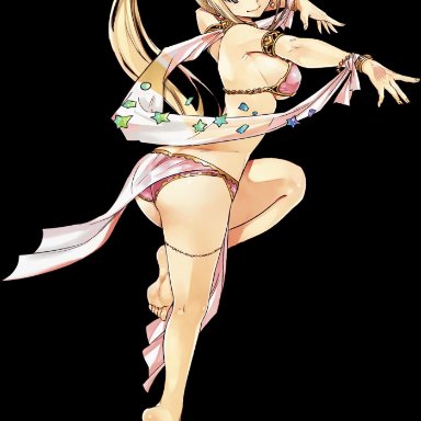 armlet, ass, barefoot, belly dancer, blonde hair, breasts, brown eyes, dancer, dancing, earrings, fairy tail, feet, female, full body, harem outfit