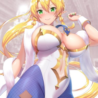 >:), animal ears, areola slip, areolae, artoria pendragon, artoria pendragon (swimsuit ruler) (fate), artoria pendragon (swimsuit ruler) (fate) (cosplay), bangs, bare shoulders, blonde hair, blue legwear, blue necktie, blue neckwear, blue pantyhose, blush