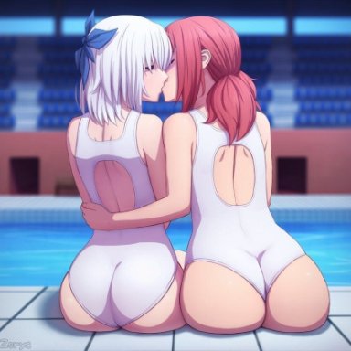 2girls, arm around waist, ass, back, back cutout, big ass, butt, closed eyes, competition swimsuit, dat ass, female, female only, female/female, from behind, hair ribbon