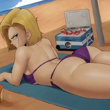 android, android 18, big breasts, blonde hair, blue eyes, bob cut, clothed female, dragon ball, dragon ball z, echosaber, female, female focus, female only, short hair, solo