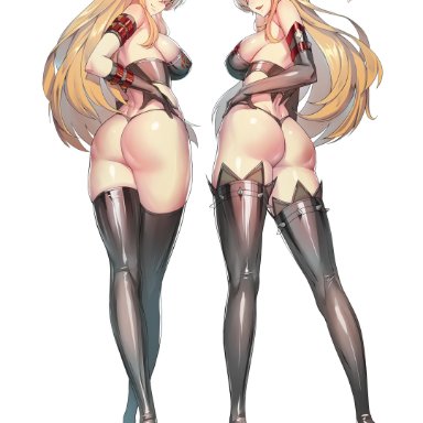 2girls, artist name, ass, back, backboob, black footwear, black gloves, blonde hair, blue eyes, bondage, boots, bracer, breasts, character name, corset