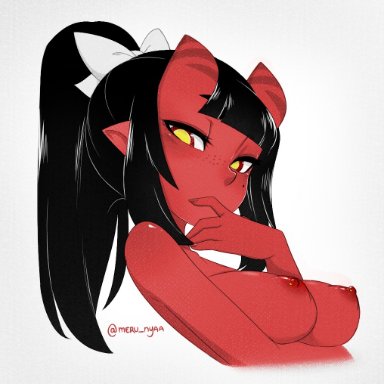 areolae, artist name, bangs, black hair, blunt bangs, blush, bow, breasts, covering mouth, demon girl, demon horns, female, female only, female solo, freckles