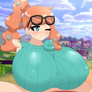 1boy, 1girls, aqua eyes, big breasts, big penis, blush, covered paizuri, erection, glasses, hair ornament, huge breasts, large breasts, large penis, long hair, mistpirit