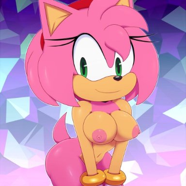 amy rose, animal ears, anthro, anthrofied, bigdon1992, black nose, breasts, digital media (artwork), erect nipples, female, female only, green eyes, nipples, nude, patreon