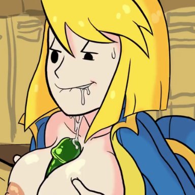 animated, big breasts, blonde, blonde hair, bodysuit, breasts, clothing, eager, fallout, fallout shelter, fellatio, glamorous love, green skin, interspecies, jumpsuit