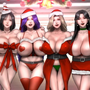 4girls, bare shoulders, black hair, blonde hair, breasts, breasts bigger than head, christmas, christmas party, cleavage, earrings, female, female only, harem, heart pasties, huge breasts