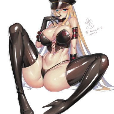 artist name, ass, black footwear, black gloves, blonde hair, blue eyes, bondage, boots, bracer, breasts, character name, choker, cleavage, dated, dominatrix
