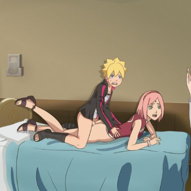 1boy, 2girls, age difference, being watched, bent over, boruto: naruto next generations, bottomless, caught, caught in the act, cheating wife, clothed, dedx, doggy style, female, hyuuga hinata