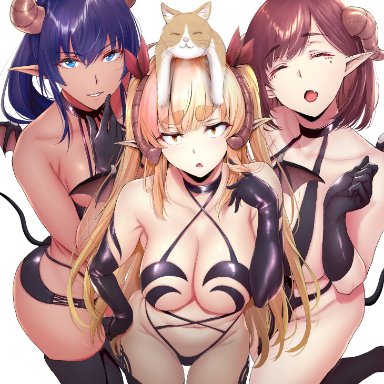 3girls, animal, animal on head, armpit crease, bare shoulders, black gloves, black legwear, black shorts, blue eyes, breasts, choker, clavicle, cleavage, closed eyes, criss-cross halter