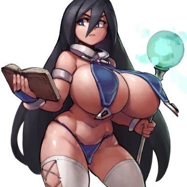 black hair, blue eyes, cleavage, curvy, female, grimoire, huge breasts, long hair, looking at viewer, magician, original, original character, serious, skimpy clothes, staff