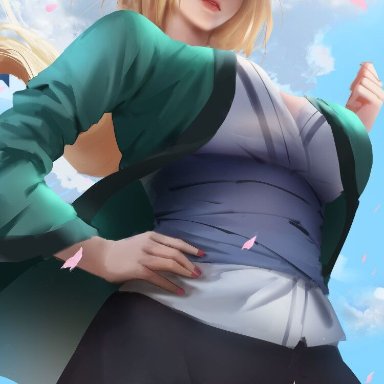 1girls, big breasts, blonde hair, breasts, brown eyes, busty, cherry blossoms, facial mark, female, female only, forehead mark, from below, fully clothed, haori, kimono
