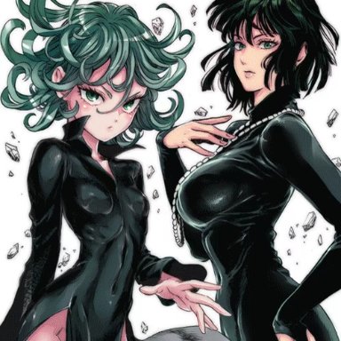 2girls, animated, black eyes, black hair, blush, breasts, clothing, clothing damage, color, curvaceous, debris, edit, flying, fubuki, green eyes