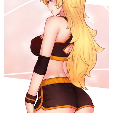 1girls, ass, blonde hair, bluefield, breasts, female, female only, rwby, shorts, solo, yang xiao long