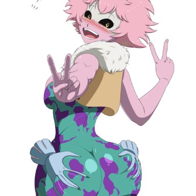 2girls, antennae, ass, ass grab, big ass, black sclera, blush, canime, costume, gloves, looking at viewer, mina ashido, my hero academia, open mouth, peace sign