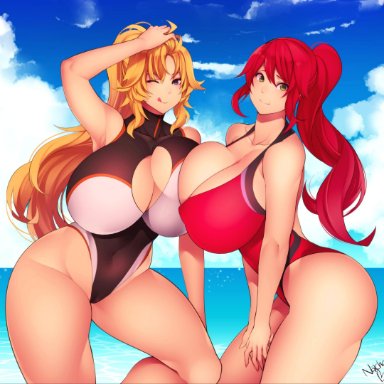 2girls, asymmetrical docking, beach, big breasts, blonde hair, female focus, female only, female/female, green eyes, huge breasts, long hair, nachocobana, nipples, nipples visible through clothing, purple eyes