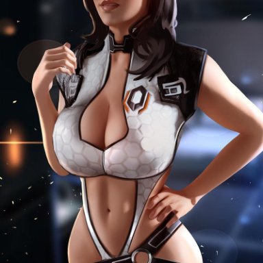 1girls, black hair, blue eyes, breasts, cleavage, curvy, ea, female, female only, huge breasts, long hair, looking at viewer, mass effect, miranda lawson, panties