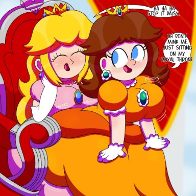 2girls, 3barts, ass, female, female only, huge ass, mario (series), nintendo, princess daisy, princess peach, sitting on lap, super mario bros., wide eyed