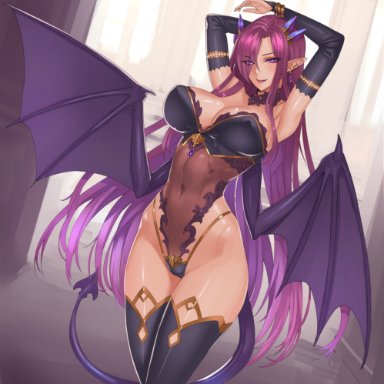 armpits, arms up, black gloves, black legwear, bracelet, breasts, bridal gauntlets, choker, classysexy, cleavage, covered navel, curvaceous, damegane, demon girl, demon tail