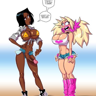 1futa, 1girls, big breasts, big penis, bikini, black hair, blonde hair, blue eyes, blush, boots, breasts, brown eyes, busty, cherrymousestreet, chloe swanson