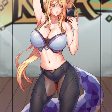 1girls, ahri, animal ears, areolae, arm up, armpits, big breasts, blonde hair, blush, breasts, clothed, clothed female, earrings, face markings, female