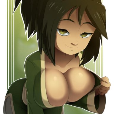 avatar the last airbender, bedroom eyes, bent over, big breasts, bitchy, black hair, brown eyes, brown hair, busty, cleavage, clothed female, cute, female, female focus, female only