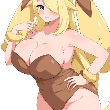 1girls, big breasts, blonde hair, blush, bunny ears, bunnysuit, cynthia (pokemon), eye contact, female, haikome, huge breasts, large breasts, long hair, looking at viewer, lopunny (cosplay)