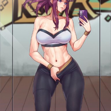 1girls, akali, big breasts, gonster, k/da akali, k/da series, large ass, league of legends, nude, purple eyes, red hair, thick thighs