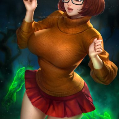 big breasts, brown eyes, brown hair, clothed female, female, female focus, female only, glasses, neoartcore, scooby-doo, short hair, solo, solo female, solo focus, thick thighs