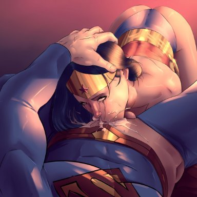 blowjob, bracelet, bracelets, cape, clark kent, dc, dc comics, deepthroat, diana prince, drooling, eyeroll, facial, female, grabbing, grabbing hair