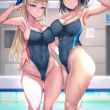 2girls, armpits, ass, asymmetrical docking, black hair, blonde hair, blue eyes, breast press, breast-to-breast, breasts, cleavage, clothed navel, covered navel, day, female