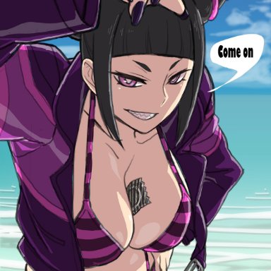 1girls, against fourth wall, alternate costume, bangs, beach, between breasts, bikini, black hair, blunt bangs, breasts, capcom, cigarette, cleavage, clothed, clouds