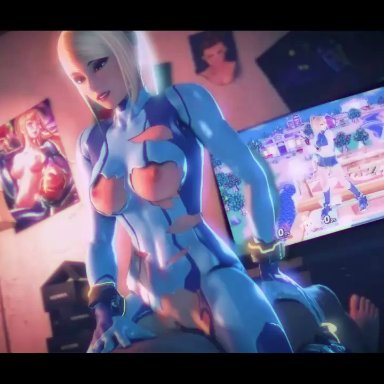 1boy, 1girls, 3d, animated, areolae, blonde hair, bodysuit, bouncing breasts, breasts, cowgirl position, edit, erection, female, grinding, male