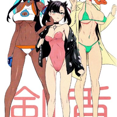 3girls, big breasts, bikini, black hair, blue eyes, blue hair, blush, cameltoe, colored, dark skin, dark-skinned female, earrings, female, female only, marnie (pokemon)