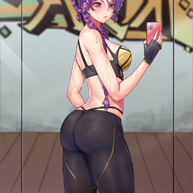 big ass, gloves, gonster, k/da kai'sa, k/da series, kai'sa, league of legends, phone, purple eyes, purple hair, selfie, sweat, thick thighs, tight clothing, whale tail