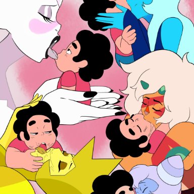 1boy, 5girls, age difference, alien, arms around neck, aunt and nephew, blue diamond (steven universe), blush, chin hold, closed eyes, clothed, curly hair, diamond authority, dude-doodle-do, edit