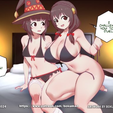 2020, 2girls, armpits, artist name, bandage, bandaged leg, bandages, bed, bed sheet, bikini, black bikini, bokuman, bow, bow bikini, braid