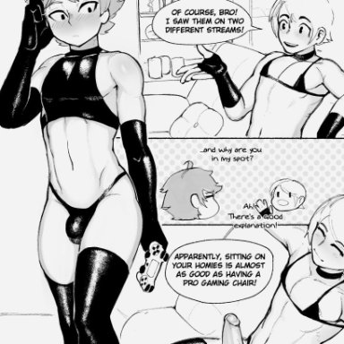 2boys, cheesecrumbles, comic, erection, femboy, girly, male, male only, monochrome, penis, speech bubble, text, trap