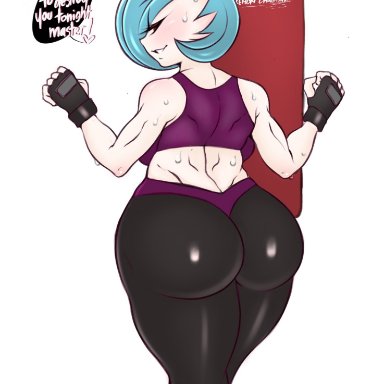 1girl, anthro, ass, big ass, blue hair, female, gardevoir, gloves, huge ass, humanoid, leggings, muscular arms, muscular female, nintendo, pokemon