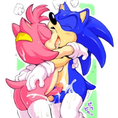 1boy, 1futa, amy rose, anthro, anthro on anthro, armwear, ass, balls, bodily fluids, breasts, breath, cum, cum drip, cumshot, duo