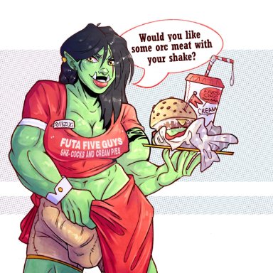 abzug goreblade, bulge, cum shake, full-package futanari, futa five guys, futa only, futanari, green skin, muscular futanari, orc female, orcess, rebecca emslie art