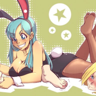 2girls, 5 toes, android 18, arched soles, artist request, barefeet, barefoot, big feet, blonde hair, blue eyes, blue hair, blush, blushing, bulma, bunny ears