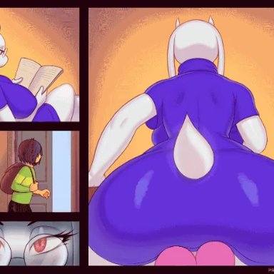 ?, ambiguous gender, anal, animated, animated comic, anthro, anus, ass, backpack, blush, bodily, book, bottomless, bovid, breasts