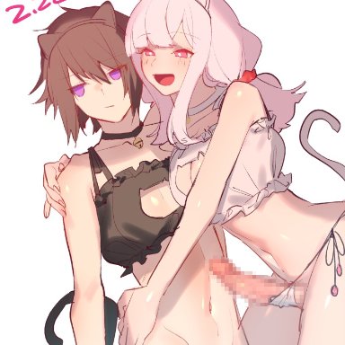 1boy, 1futa, balls in panties, bell collar, black hair, cat cutout, cat ears, cat tail, censored, choker, crossdressing, female, femboy, futa on male, futanari