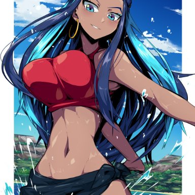 1girls, 2020, aqua hair, armpits, bare arms, bare shoulders, blue eyes, blue eyeshadow, blue hair, breasts, dark skin, dark-skinned female, ear ring, earrings, eyeshadow