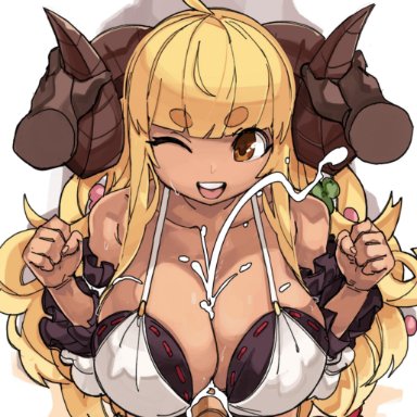 ahoge, anila (granblue fantasy), bangs, bikini, blonde hair, blunt bangs, breasts, cum, dark skin, detached sleeves, disembodied limb, disembodied penis, draph, ejaculation, eyebrows