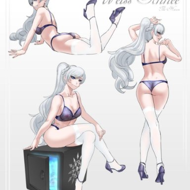 blue eyes, heels, lingerie, looking at viewer, looking back, lying down, rwby, scar, see-through clothing, sinccubi, sitting, small breasts, smile, smiling, solo female