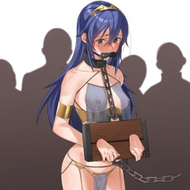 artist request, bare shoulders, bare thighs, blue eyes, blue hair, blush, chain leash, chains, collar, crying, exhibitionism, fire emblem, fire emblem: awakening, gag, gagged